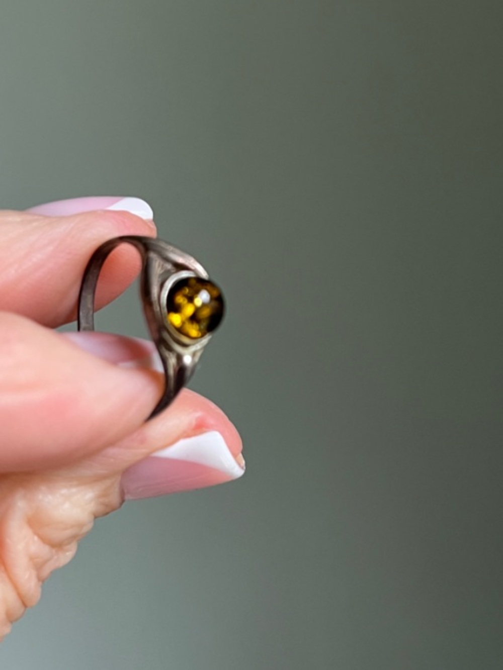 Green Amber Sterling Silver Ring - Women Jewelry